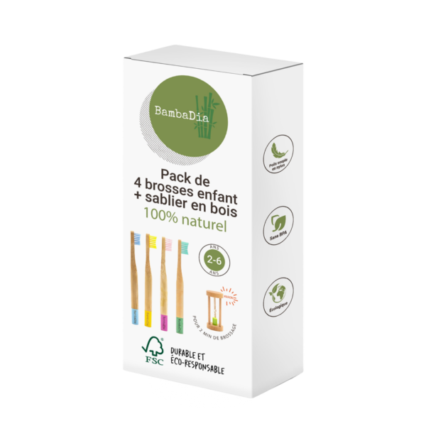 Pack de 4 brosses à dents en bambou + Sablier de brossage