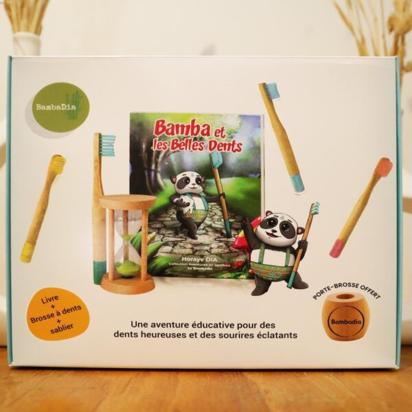 Coffret Éducatif composé d'un livre, de 4 brosse à dents en bambou et un sablier en bois – Image 4