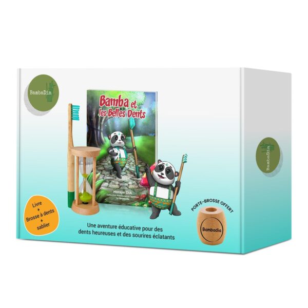 Coffret Éducatif composé d'un livre, de 4 brosse à dents en bambou et un sablier en bois