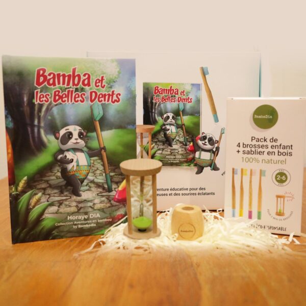 Coffret Éducatif composé d'un livre, de 4 brosse à dents en bambou et un sablier en bois – Image 2